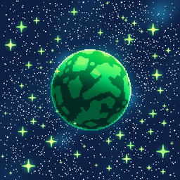 A beautiful illustration of a space scene featuring a green pixelated planet floating in a galaxy filled with shimmering stars