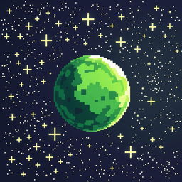 A beautiful illustration of a space scene featuring a green pixelated planet floating in a galaxy filled with shimmering stars
