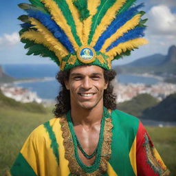 A vibrant image of a Brazilian, perhaps wearing traditional clothes or football attire, with elements such as samba, Carnival, the Amazon, or iconic Brazilian landscapes in the background.