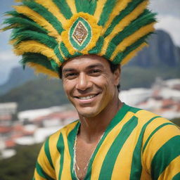 A vibrant image of a Brazilian, perhaps wearing traditional clothes or football attire, with elements such as samba, Carnival, the Amazon, or iconic Brazilian landscapes in the background.