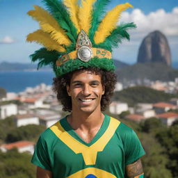 A vibrant image of a Brazilian, perhaps wearing traditional clothes or football attire, with elements such as samba, Carnival, the Amazon, or iconic Brazilian landscapes in the background.