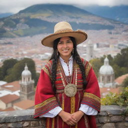 An inviting image of an Ecuadorian individual, surrounded by elements of the rich Ecuadorian culture, such as traditional attire, the Andean landscape, or iconic Quito architecture.