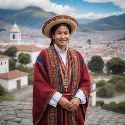 An inviting image of an Ecuadorian individual, surrounded by elements of the rich Ecuadorian culture, such as traditional attire, the Andean landscape, or iconic Quito architecture.