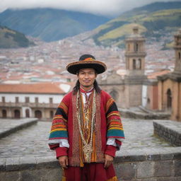 An inviting image of an Ecuadorian individual, surrounded by elements of the rich Ecuadorian culture, such as traditional attire, the Andean landscape, or iconic Quito architecture.