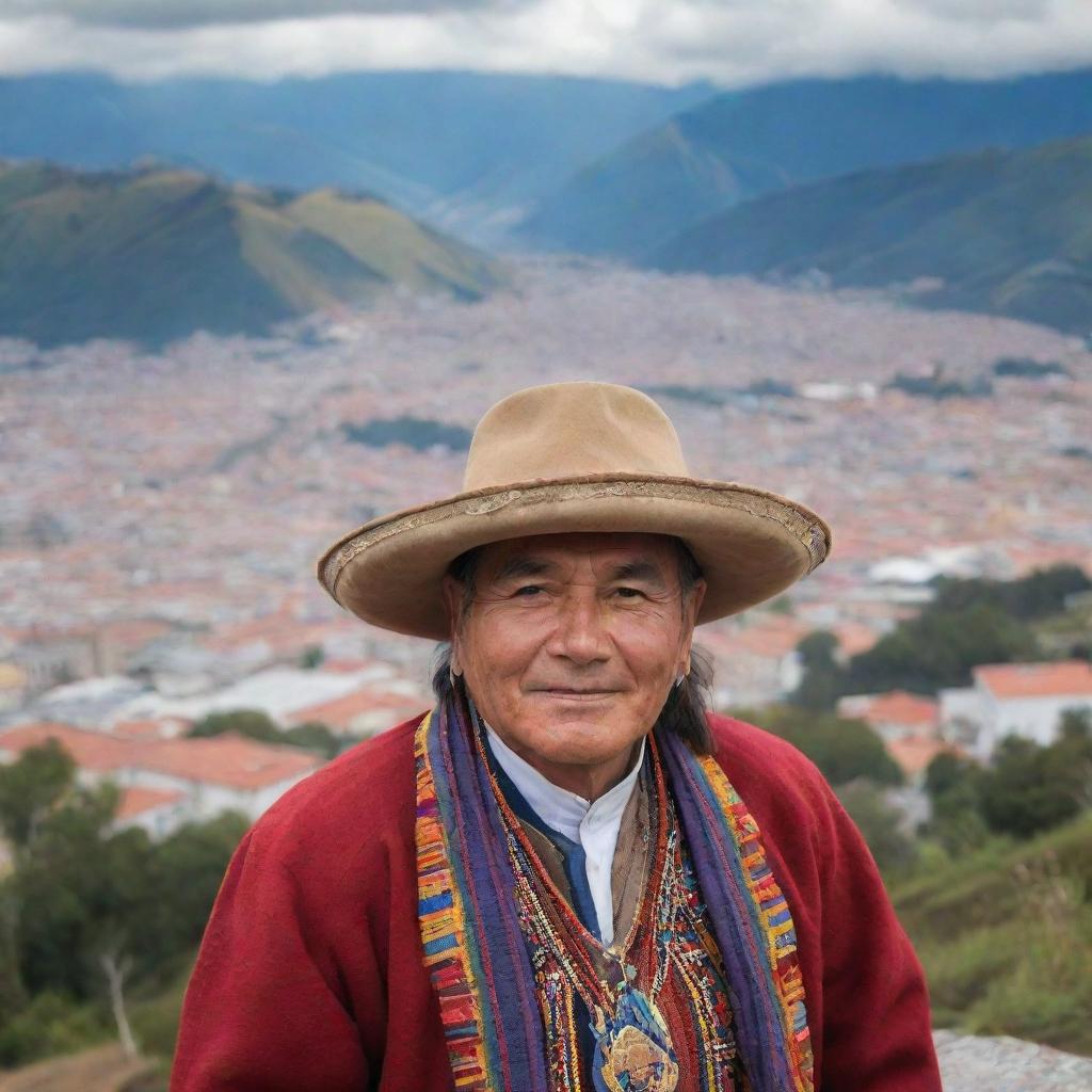 An inviting image of an Ecuadorian individual, surrounded by elements of the rich Ecuadorian culture, such as traditional attire, the Andean landscape, or iconic Quito architecture.