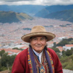 An inviting image of an Ecuadorian individual, surrounded by elements of the rich Ecuadorian culture, such as traditional attire, the Andean landscape, or iconic Quito architecture.