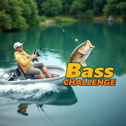 A dynamic 3D animation scene depicting a fisherman catching a small bass from a stylish, modern fishing boat
