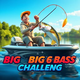 A dynamic 3D animation scene depicting a fisherman catching a small bass from a stylish, modern fishing boat