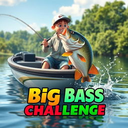 A dynamic 3D animation scene depicting a fisherman catching a small bass from a stylish, modern fishing boat