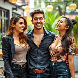 A lively scene featuring a young, handsome man of Central Asian descent, characterized by his intelligence, humor, and engaging personality