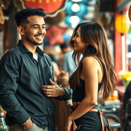 A vibrant scene featuring a young, handsome man of Central Asian descent, known for his intelligence, humor, and broad knowledge