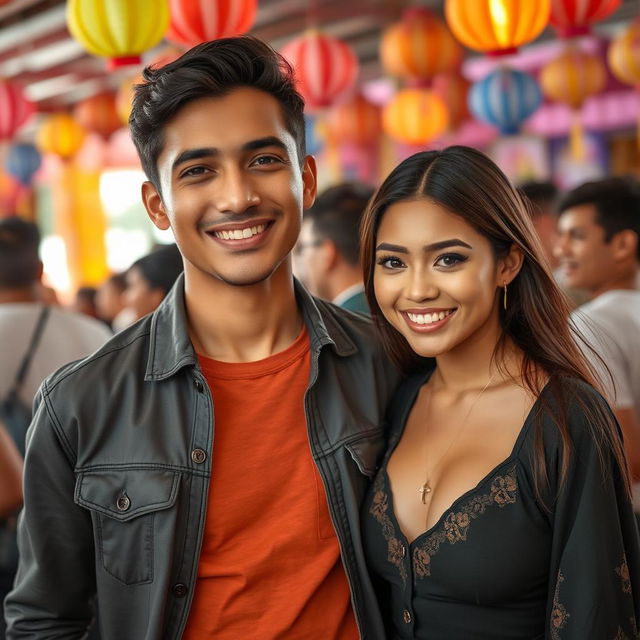 A handsome young man, mixed Central Asian descent, intelligent, humorous, and well-informed, stands confidently next to a beautiful young woman