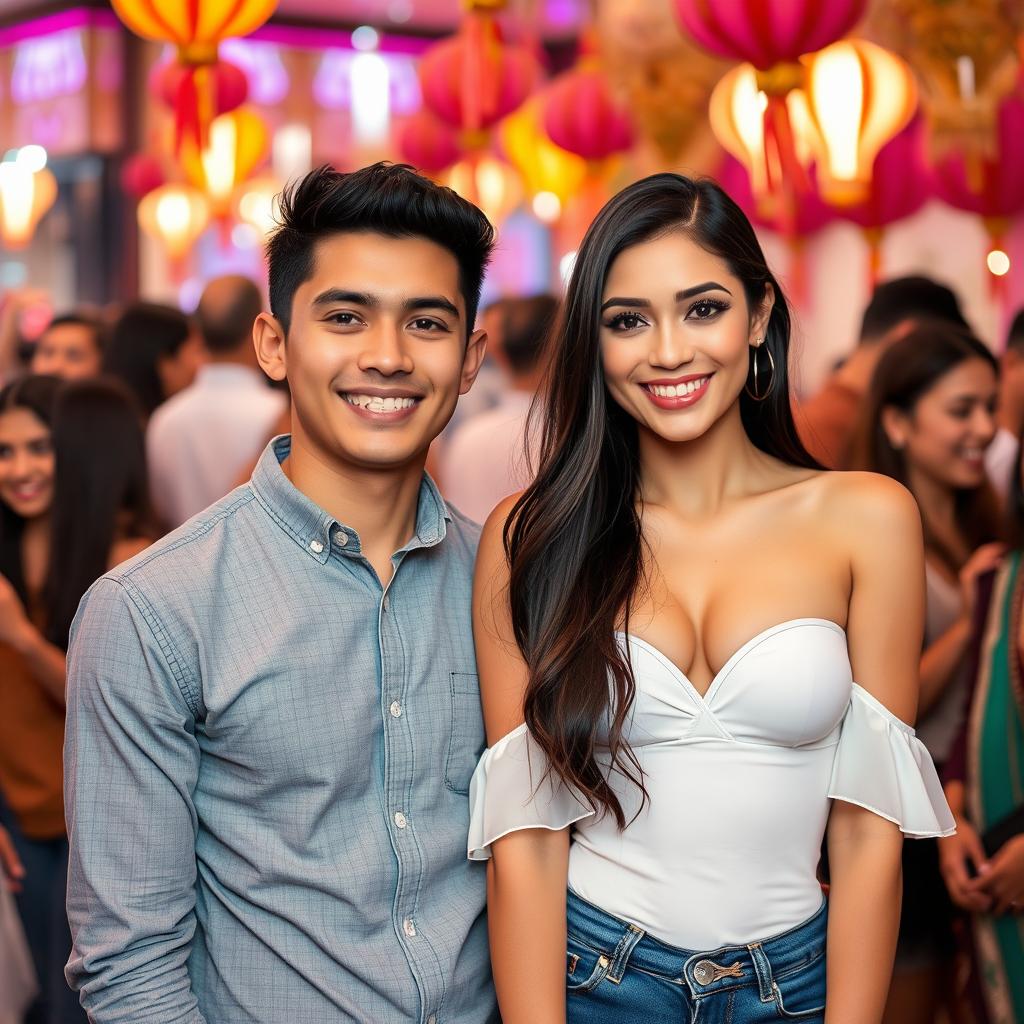 A handsome young man, mixed Central Asian descent, intelligent, humorous, and well-informed, stands confidently next to a beautiful young woman