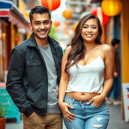 A handsome young man of Central Asian descent, smart and humorous with a broad outlook, standing next to a beautiful young woman from Thailand, who has a curvy figure and large breasts