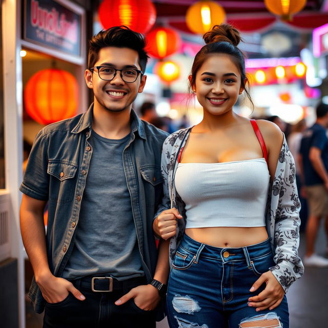 A handsome young man of Central Asian descent, smart and humorous with a broad outlook, standing next to a beautiful young woman from Thailand, who has a curvy figure and large breasts