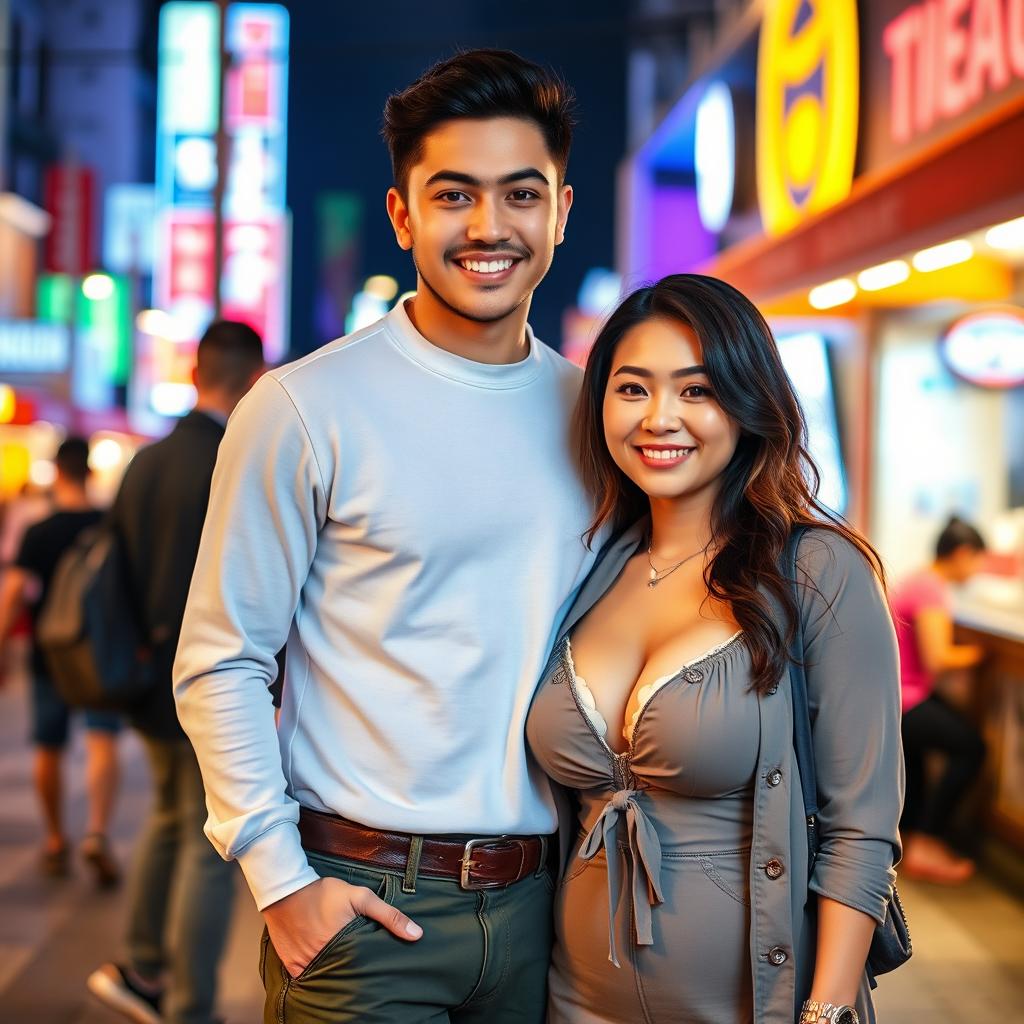 A handsome young man of Central Asian descent, smart and humorous with a broad outlook, standing next to a beautiful young woman from Thailand, who has a curvy figure and large breasts