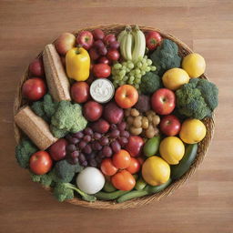 A market basket filled with an assortment of fresh, colorful food items and clean, neatly arranged household products.