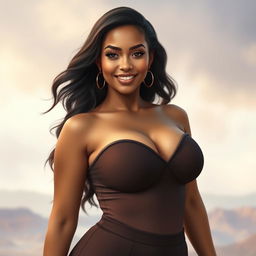 A beautiful young mixed-race woman with a curvy figure and large breasts, exuding an alluring and sensual charm