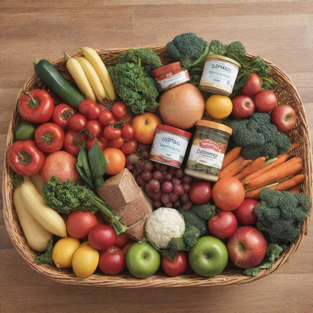 A market basket filled with an assortment of fresh, colorful food items and clean, neatly arranged household products.