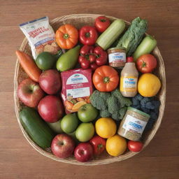 A market basket filled with an assortment of fresh, colorful food items and clean, neatly arranged household products.