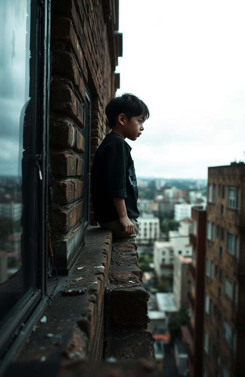 A hauntingly beautiful scene capturing the view from the fourth floor of a dilapidated building