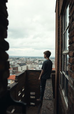 A hauntingly beautiful scene capturing the view from the fourth floor of a dilapidated building