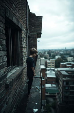 A hauntingly beautiful scene capturing the view from the fourth floor of a dilapidated building