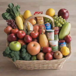 A market basket filled with an assortment of fresh, colorful food items and clean, neatly arranged household products.