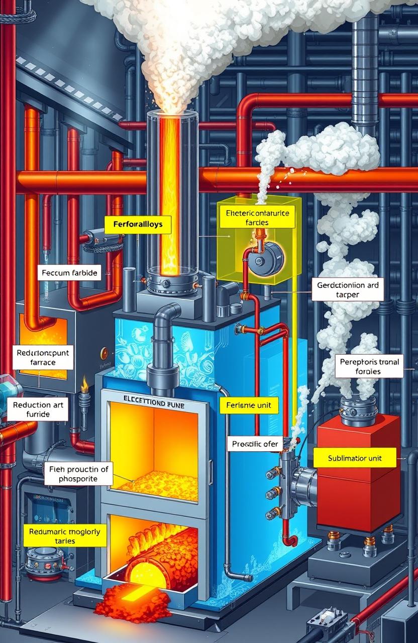 A detailed scientific illustration depicting the complex electric thermal processing of phosphorites, showcasing the production of ferroalloys, calcium carbide, and phosphorus sublimation