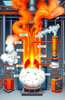 A detailed scientific illustration depicting the complex electric thermal processing of phosphorites, showcasing the production of ferroalloys, calcium carbide, and phosphorus sublimation