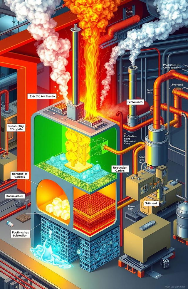 A detailed scientific illustration depicting the complex electric thermal processing of phosphorites, showcasing the production of ferroalloys, calcium carbide, and phosphorus sublimation