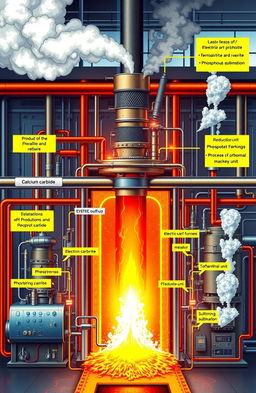 A detailed scientific illustration depicting the complex electric thermal processing of phosphorites, showcasing the production of ferroalloys, calcium carbide, and phosphorus sublimation