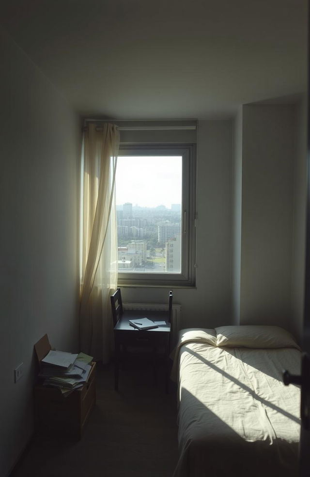 A lonely bachelor apartment on the fourth floor of a building, with a view overlooking an urban landscape