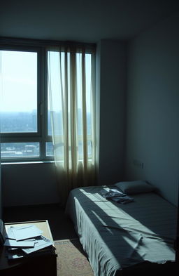 A lonely bachelor apartment on the fourth floor of a building, with a view overlooking an urban landscape