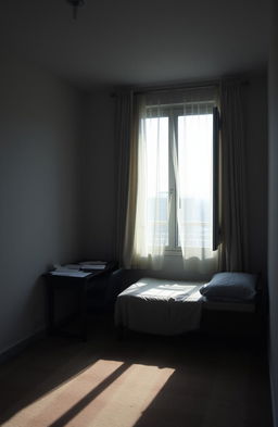 A lonely bachelor apartment on the fourth floor of a building, with a view overlooking an urban landscape