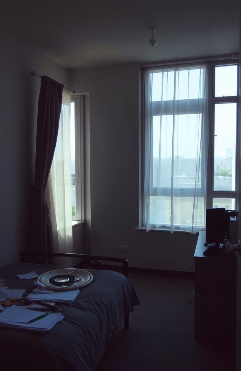 A lonely bachelor apartment on the fourth floor of a building, with a view overlooking an urban landscape