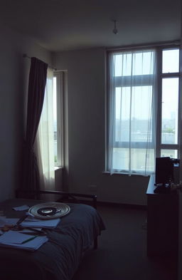 A lonely bachelor apartment on the fourth floor of a building, with a view overlooking an urban landscape