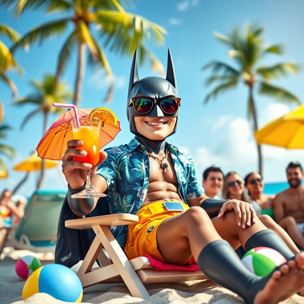 A playful and colorful scene depicting a superhero resembling Batman, enjoying a vacation in a vibrant tropical setting