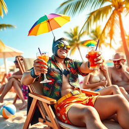 A playful and colorful scene depicting a superhero resembling Batman, enjoying a vacation in a vibrant tropical setting