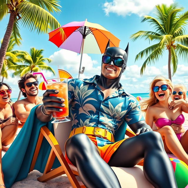 A playful and colorful scene depicting a superhero resembling Batman, enjoying a vacation in a vibrant tropical setting