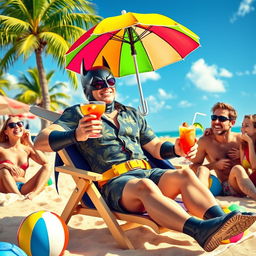 A playful and colorful scene depicting a superhero resembling Batman, enjoying a vacation in a vibrant tropical setting