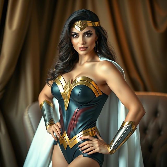 A glamorous and stylish photoshoot featuring a superheroine inspired by Wonder Woman, posed confidently in an elegant setting