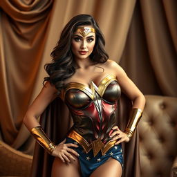 A glamorous and stylish photoshoot featuring a superheroine inspired by Wonder Woman, posed confidently in an elegant setting