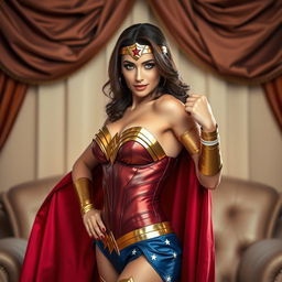 A glamorous and stylish photoshoot featuring a superheroine inspired by Wonder Woman, posed confidently in an elegant setting