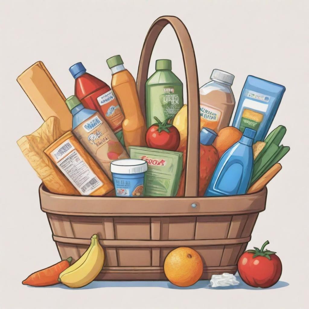 A cartoon-style market basket filled with assorted food items and cleaning supplies.