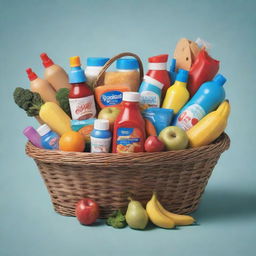 A cartoon-style market basket filled with assorted food items and cleaning supplies.