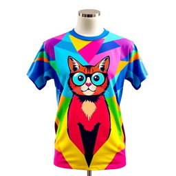 A vibrant and colorful t-shirt design featuring an abstract geometric pattern with a blend of bright colors like blue, pink, yellow, and green