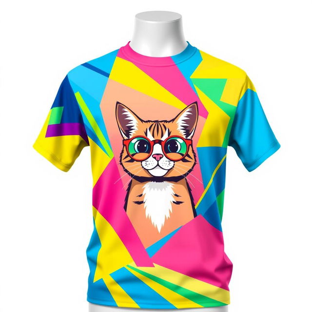 A vibrant and colorful t-shirt design featuring an abstract geometric pattern with a blend of bright colors like blue, pink, yellow, and green