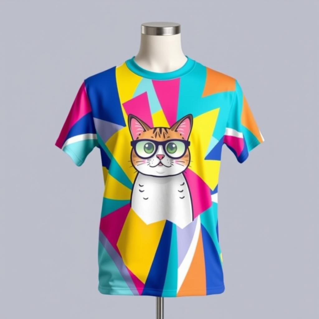 A vibrant and colorful t-shirt design featuring an abstract geometric pattern with a blend of bright colors like blue, pink, yellow, and green