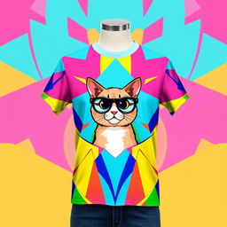 A vibrant and colorful t-shirt design featuring an abstract geometric pattern with a blend of bright colors like blue, pink, yellow, and green